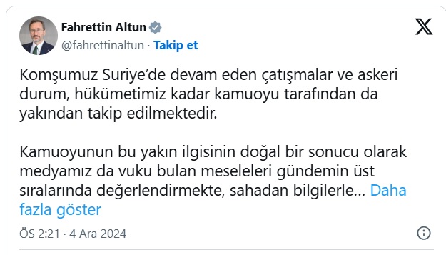 Altun: Suriye'deki gelişmeleri yakından takip ediyoruz