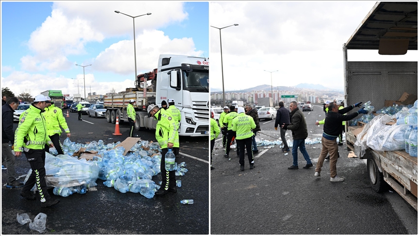 Başkentte devrilen su yüklü kamyon 3 araca çarpıp durabildi